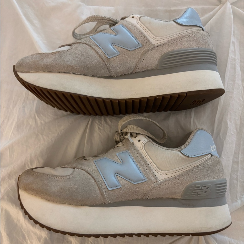 New Balance 574 Women's Light Gray and Sky Blue Platform Sneakers